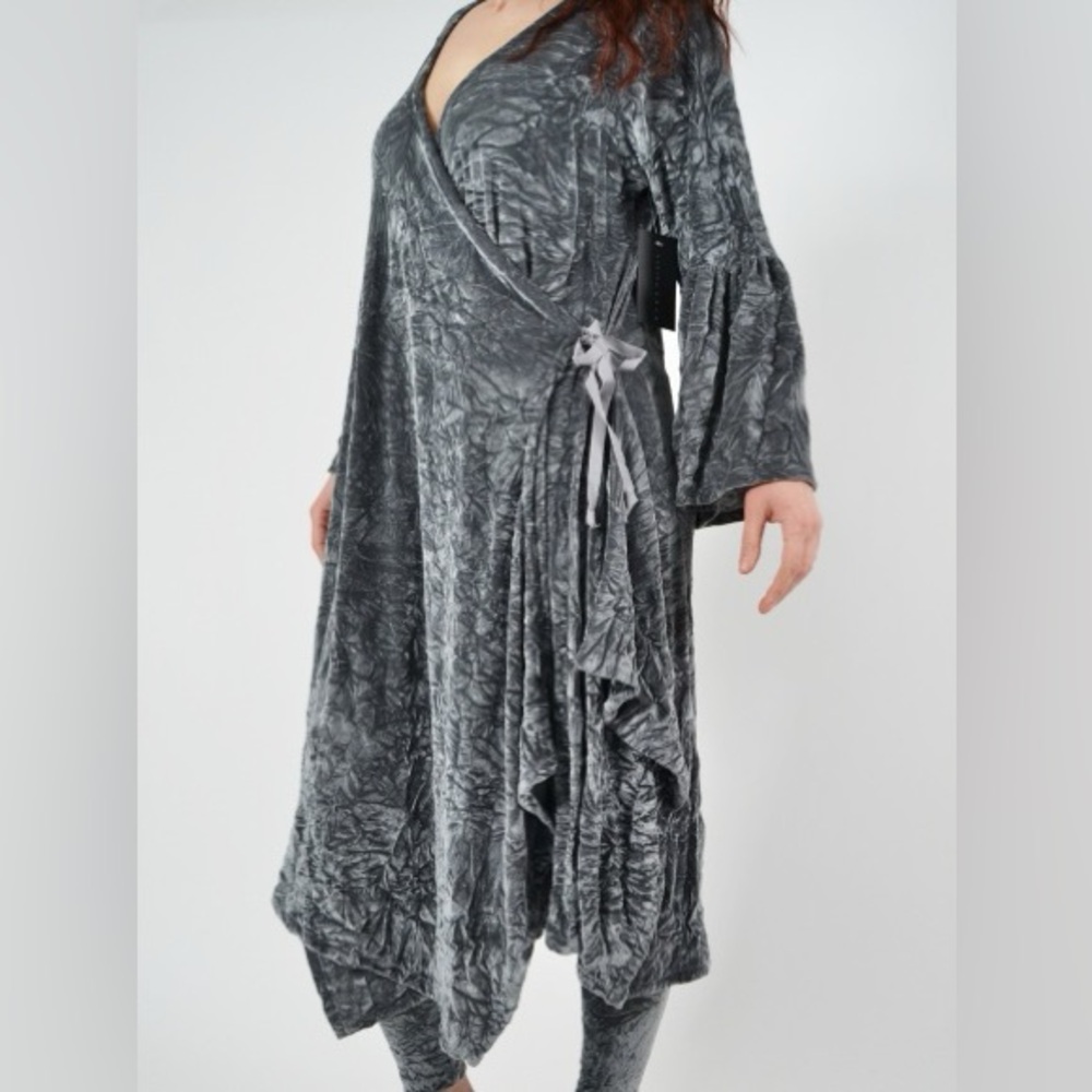 Bryn Walker Sybilla Wrap Dress Small Silver Black Metallic Bell Sleeve Midi - Picture 2 of 5